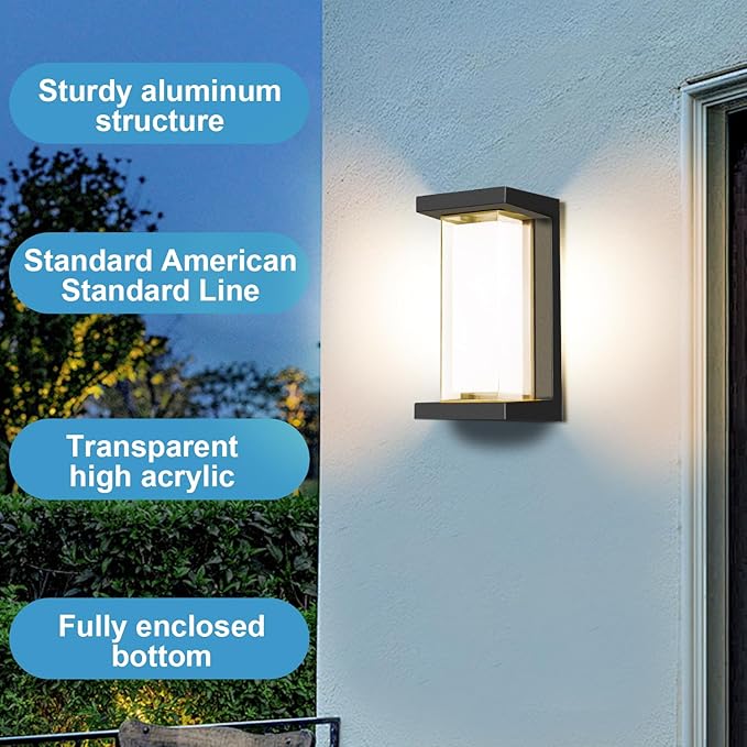 Juyace 18w Outdoor Porch Lights Exterior Lighting Fixtures Wall Mount Rectangular Modern Patio Sconces 1800Lm 3000k Aluminum Black IP65 for Garage House Front Door Entryway (2 Pack)