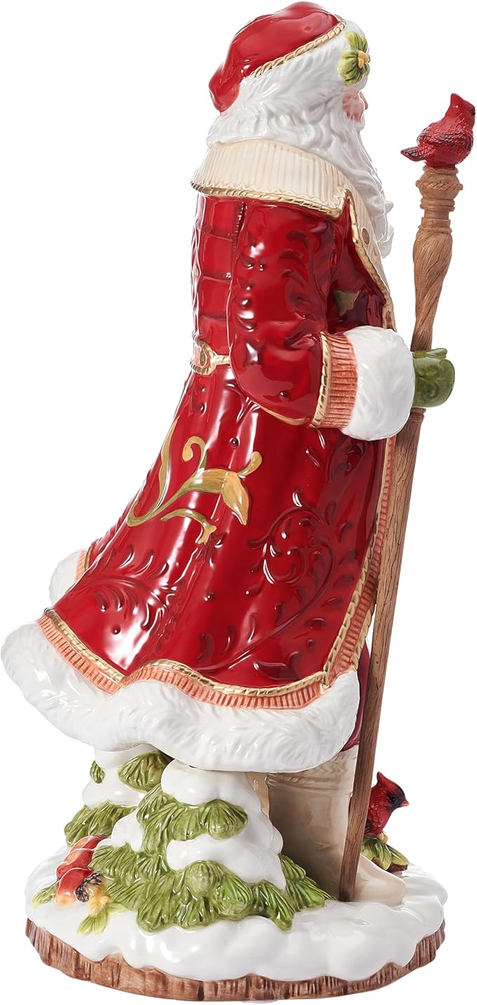 Fitz and Floyd Poinsettia Holiday Santa Clause with Staff Cardinal Bird Ceramic Figurine, Christmas Collectible Décor, 17.5 Inch