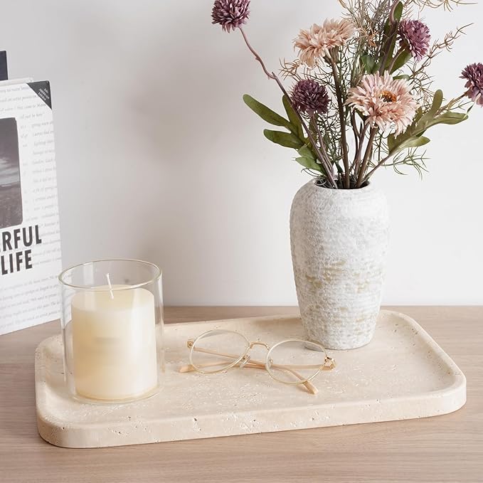 Travertine Vanity Tray, Stone Bathroom Tray for Countertop, 14'' Marble Decorative Dresser Trays, Large Serving Trays for Kitchen Counter, Storage for Kitchen Sink, Perfume, Jewelry Holder