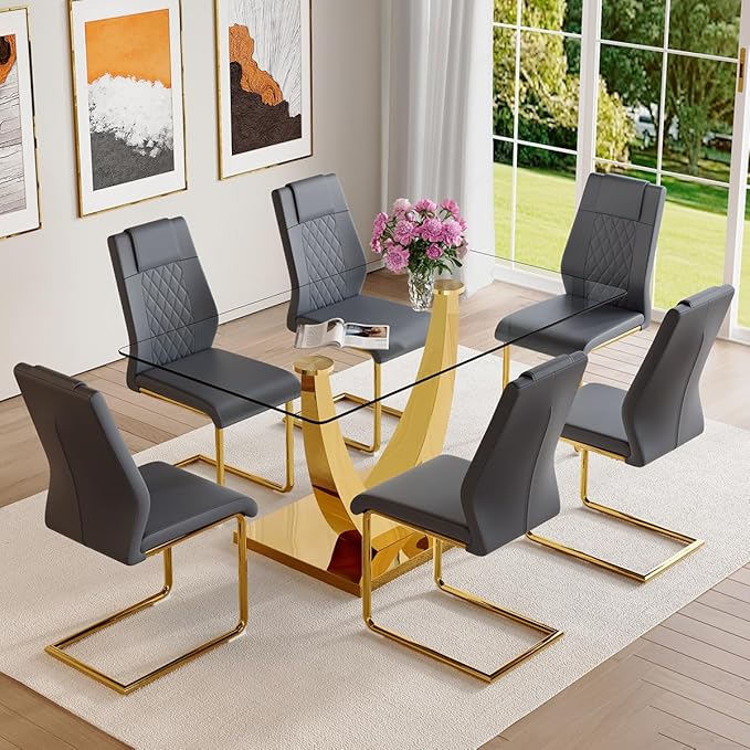 AZmac 63" Glass Dining Table Set for 6,Luxury Gold Dining Room Set with Stainless Steel Pedestal, Rectangular Tempered Glass Kitchen Table with PU Leather Chairs, for Kitchen Apartment
