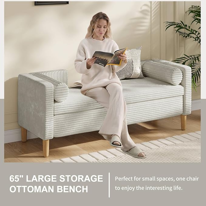 NIOIIKIT 65" Large Storage Ottoman Bench with 2 Pillows, Corduroy Upholstered Entryway Bench with Wood Leg, End of Bed Bench with Straight Armrest, Window Bench for Bedroom, Entryway (Light Grey)