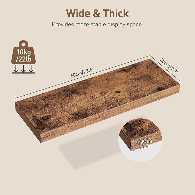 Floating Shelves for Wall, 1.5" Thick Wall Shelf Set of 3 with Invisible Brackets, 23.6L x 7.9W Hanging Shelves Farmhouse Home Decor for Bathroom, Living Room, Bedroom, Rustic Brown 6301BJP3BF