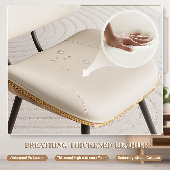 Mid Century Modern Dining Chairs Set of 2, PU Leather Armless Kitchen Chairs with Walnut Bentwood Back & Metal Legs, Sturdy Retro Accent Chairs for Dining Room, Living Room, Beige