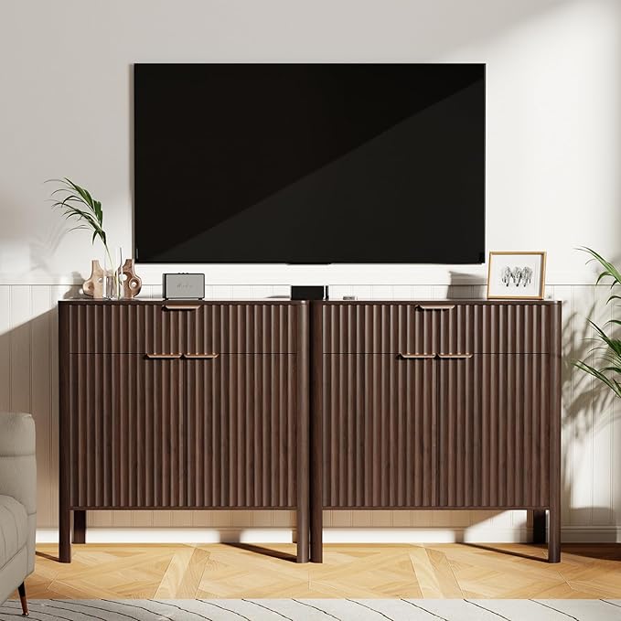 Sideboard Buffet Cabinet with Storage - Modern Fluted Credenza with Doors & Drawer, Accent Cabinet Coffee Table Bar Counter Bookcase for Living Room Kitchen Dining Room Entryway 31" H Walnut