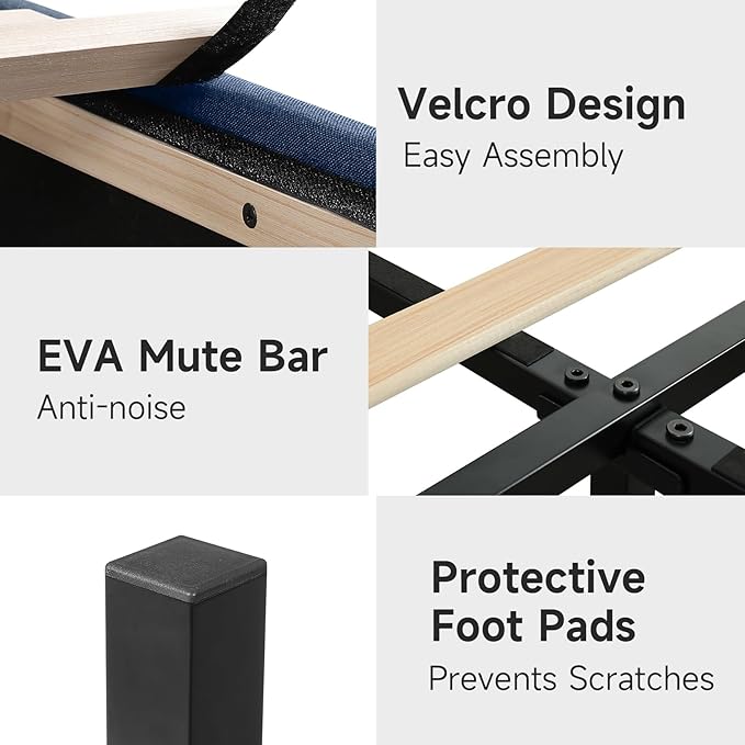 koorlian Queen Bed Frame with Headboard, Adjustable Upholstered Platform Bed Frame with Type-C&USB Ports, Wingback Storage Headboard, Solid Wood Slats Support, No Box Spring Needed, Dark Blue