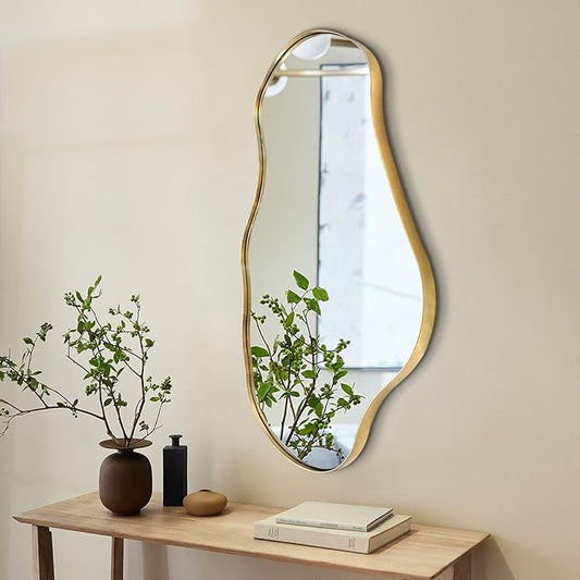 Irregular Mirror, 30"x20" Asymmetrical Mirror with Gold Metal Frame, Modern Funky Odd Shaped Mirrors, Abstract Wall Mirrors for Living Room Bathroom Bedroom Hallway Entryway Fireplace