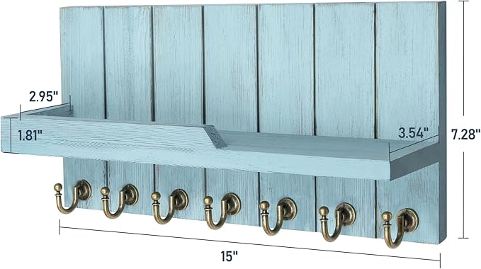Rebee Vision Decorative Key Holder Wall Mount - Modern Farmhouse Key and Mail Holder for Wall with Shelf and 7 Key Hooks for Mail Organizer - Mid Century Aesthetic Room Decor (Distressed Blue)