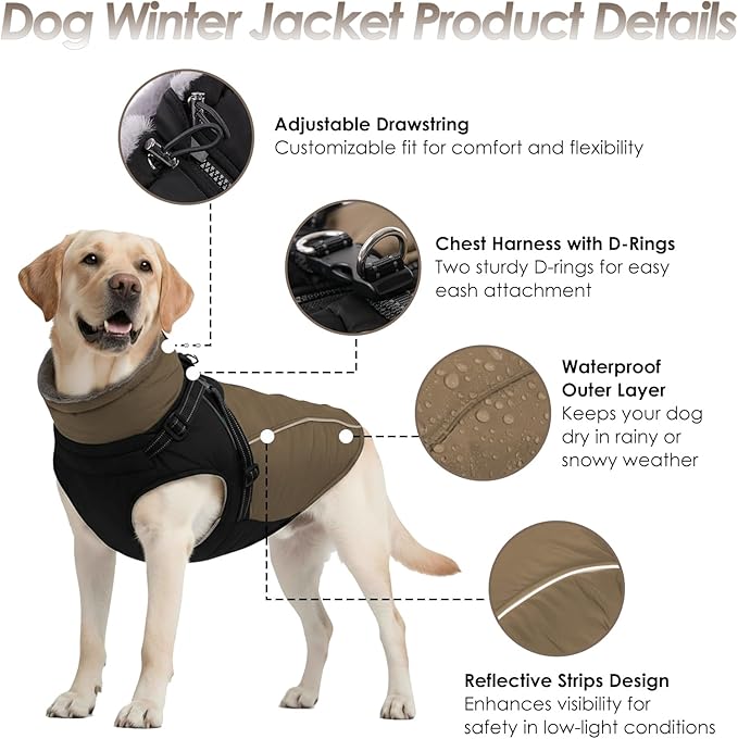 ASENKU Reflective Dog Coat with Built-in Harness, Windproof Fleece-Lined Dog Jacket for Small, Medium, Large Dogs, Warm Winter Vest with Turtleneck & Zipper (Khaki XL)