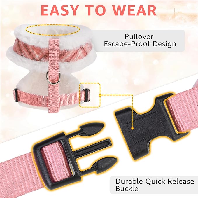 SCENEREAL Dog Harness Collar and Leash Set, Warm Fleece No Pull Puppy Vest Harnesses No Chock Adjustible Step in Small Pet Halter for Outdoor Walking Training, Pink Plaid S