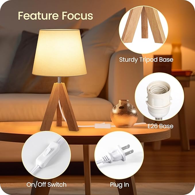 Wood Bedside Lamps Set of 2, Small Tripod Table Lamp, Modern Nightstand Lamp with Fabric Shade, Boho Bedside Wood Desk Lamp for Bedroom, Kids Room, Living Room, Study, White W51TLP205