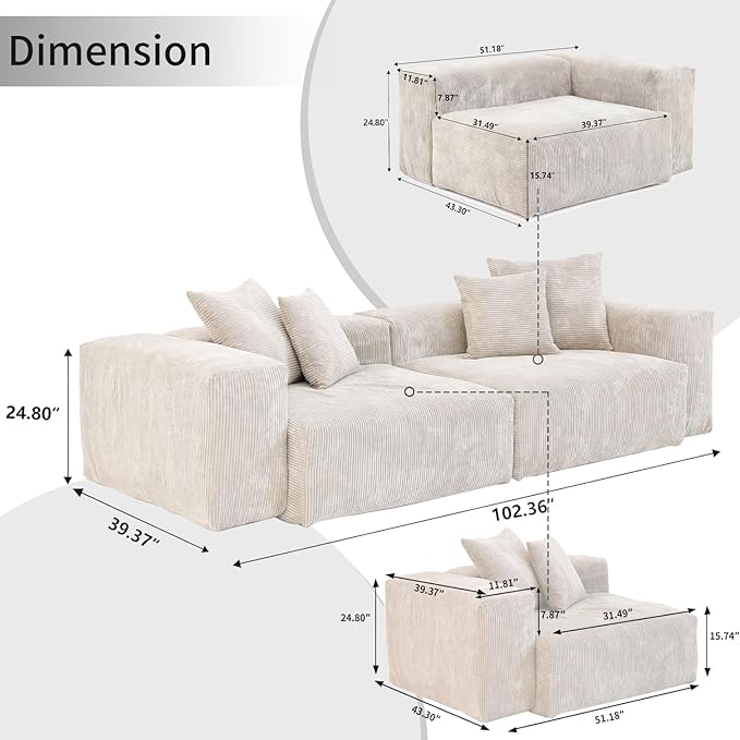 Sectional Couches for Living Room,102inch Cloud Couch Modular Sectional Sofa,Modern Corduroy Couch Love Seat,Cushion Covers Removable& Washable (Beige)
