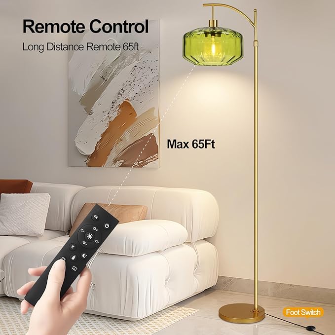 Arc Floor Lamps for Living Room Bedroom,Gold Floor Lamp with Remote Control & Glass lampshape,Dimmable Floor Lamp Modern Mid Century Modern Standing Lamp Vintage Tall Flower Lamp for Bedroom Corner