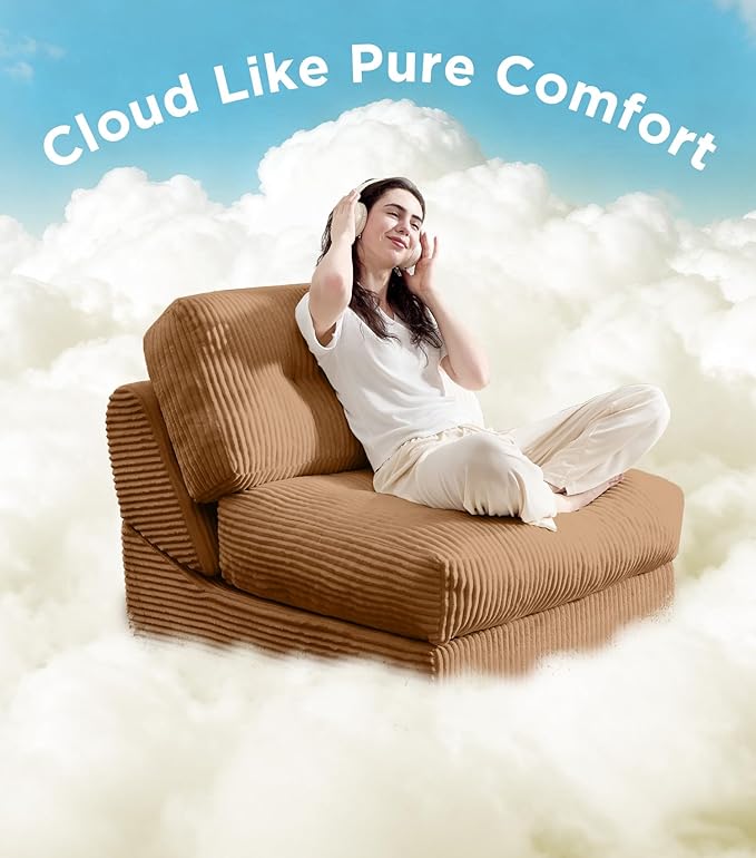 Tbfit Folding Sofa Bed, Convertible Sleeper Chair with Large Pillow, Corduroy Folding Couch Bed, Portable & Foldable Mattress Boneless Floor Sofa for Living Room, Bedroom, Office, Brown, Single