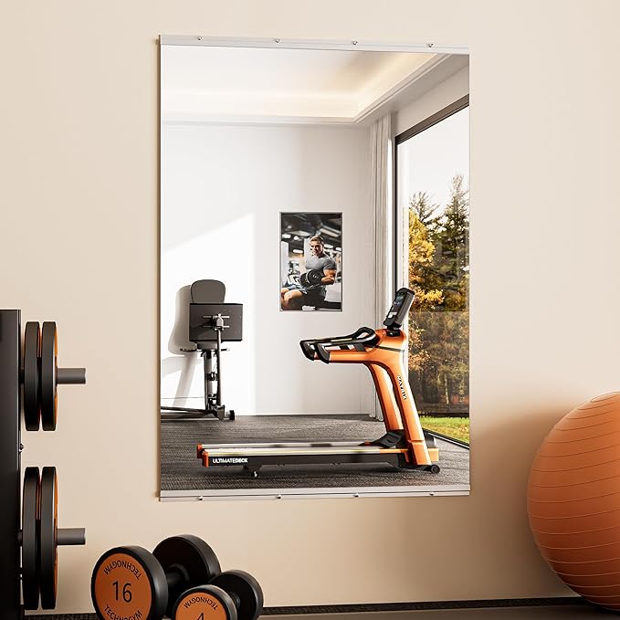 Keonjinn Home Gym Mirror, 48" x 32" Workout Mirrors for Home Gym, Frameless Tempered Glass, Full Body Wall Mirrors for Fitness Exercise, Yoga Room, Dance Studio, Garage