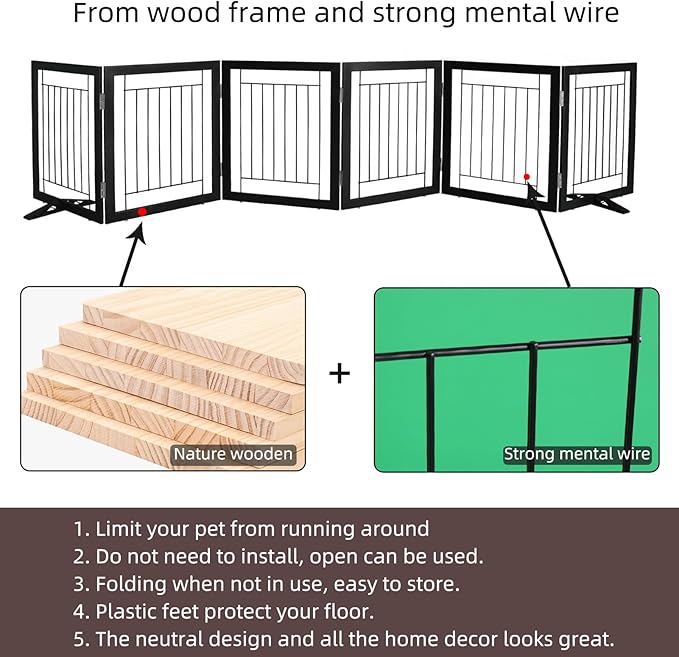 ZJSF Freestanding Dog Gate Indoor, Foldable Dog Fence for Doorways,Hallways or Stairs, Sturdy Wood Extra Wide Pet Gate with Support Feet,Black,32 "Height-6 Panels