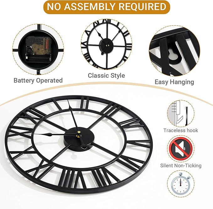 16inch/40cm Wall Clocks Battery Operated,Wall Clocks for Living Room Decor, Bedroom,Office,Bathroom,Silent,Large Wall Clock for Home and Kitchen,Farmhouse (Iron Roman Numerals, 16 inches)