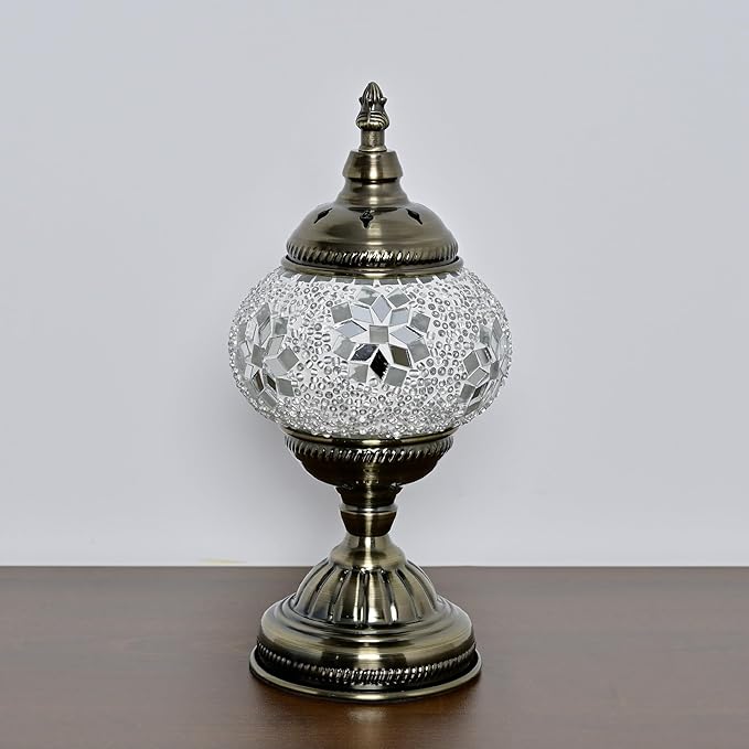 Turkish Moroccan Table Lamp Lantern with Handmade Mosaic Glass Lampshade Tiffany Style Bohemian Stained Glass Decorative Desk Lamps Bedside Night Lights for Bedroom (White Fancy)