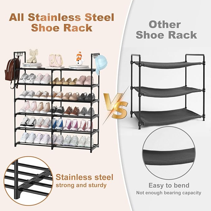 2-Row 6-Tier Stackable Shoe Rack, Black Metal Shoe Shelf with Multifunctional Hooks, Hold 24-30 Pairs, Space Saving Shoes Organizer for Closet,Show Rack
