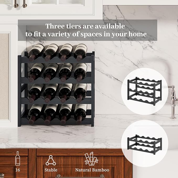 Wine Rack，Bamboo Wine Storage Cabinet Shelf，Countertop Wine Shelf- Freestanding Wine Holder for Kitchen & Pantry (Black, 4-Tier)