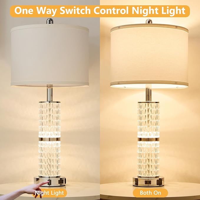 Crystal Table Lamps Modern 3-Way Dimmable Bedside Lamp with 2 USB Ports & AC Outlets for Living Room Bedroom Nightstand Lamp Night Light