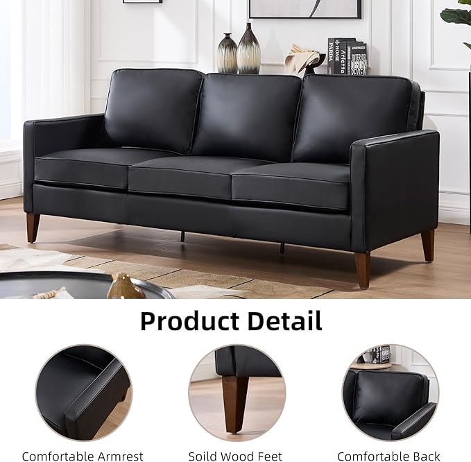 EBELLO 77” Mid Century Modern Sofa Couch, 3 Seater Faux Leather Couches for Living Room, Soft Padded Comfy Cushion, Small Sofa for Small Spaces, Apartment, Bedroom, Black