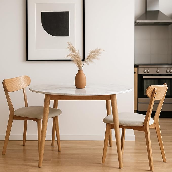 Set of 2 Solid Wood Dining Chairs,FAS-Grade North American Oak, Ergonomic Curved Backrest & Pear White Thick Upholstered Seats,Oak Padded Dining Chairs for Heavy People,Easy Assembly