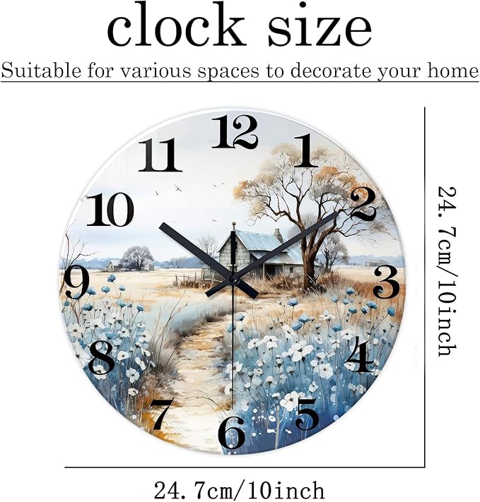 XNM Round Kitchen Wall Clocks Battery Operated 10 Inch Rustic Wall Clock Blue Flower Silent Wall Clock Wood(No Solid Wood, It is with MDF Material)