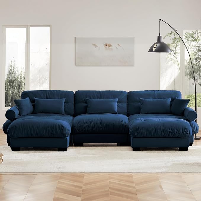 130" Oversized 3 Seater Modular Sectional Sofa, Blue Large U Shaped Couch for Living Room, Fluffy Velvet Cloud Set With Ottoman