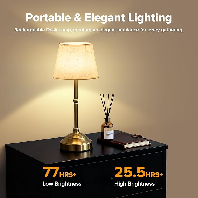 Cordless Table Lamp, Rechargeable Desk Lamp with Fabric Shade, 5400mAH Battery Operated 3 Color Stepless Dimming, Portable Touch Bedside Lamp Home Decor for Dining, Counter (Brushed Gold)