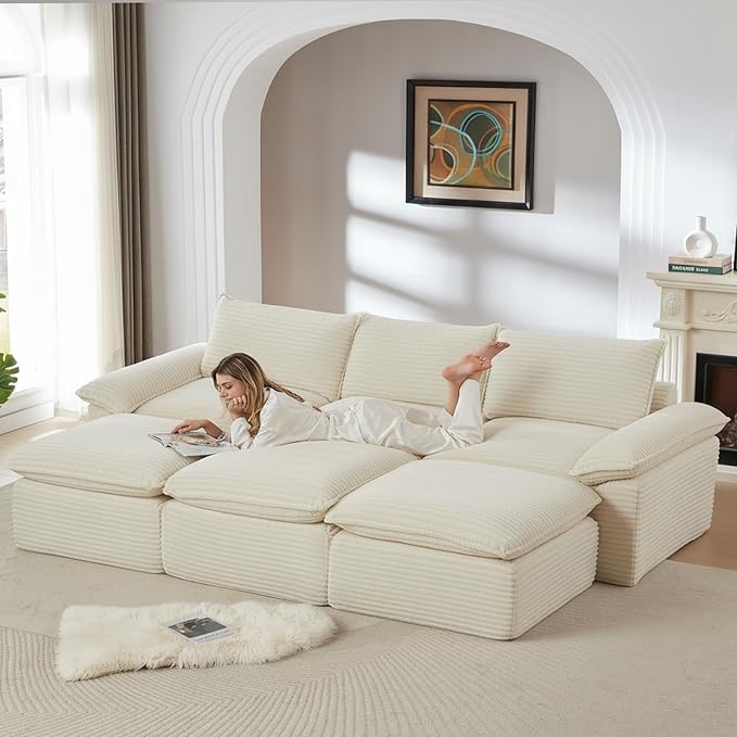 113.03" Sectional Couches for Living Room Modern Modular Sofa Couchs Upholstered Corduroy Boneless Couch Deep Seat Cloud Couch with Ottoman, No Assembly Required, White