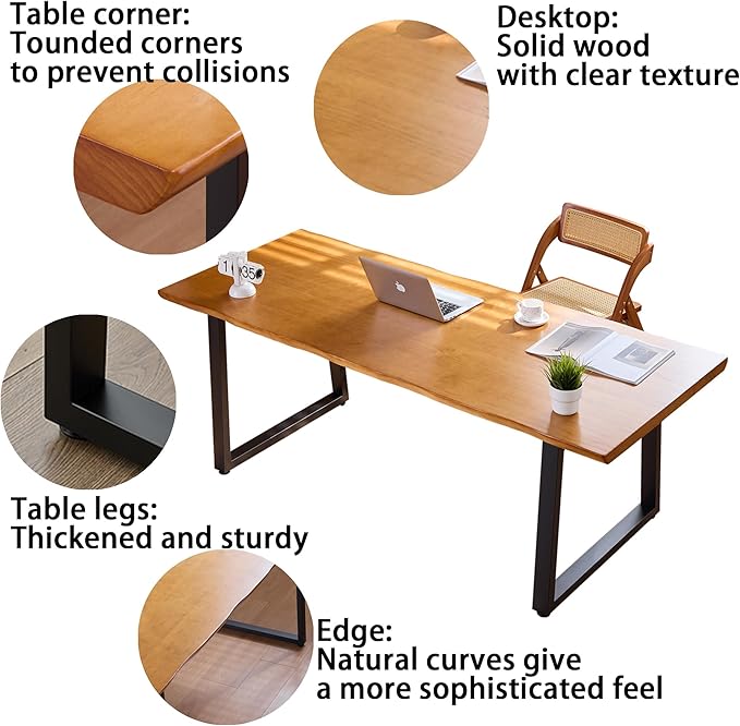 Solid Wood Administrative Computer Desk - Rustic Style Large Office Desk, Modern Minimalist Workstation for Home, Ideal for Learning, Writing, and Professional Use (Dark Yellow, 78.74in)