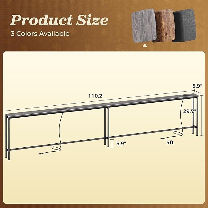 SUPERJARE 110.2 Inch Sofa Table with 2 Power Outlets and USB-C Port, 5.9 Inch Narrow Console Table with Storage, Extra-Long, for Entryway Hallway Couch Behind Sofa, Small Spaces, Grey