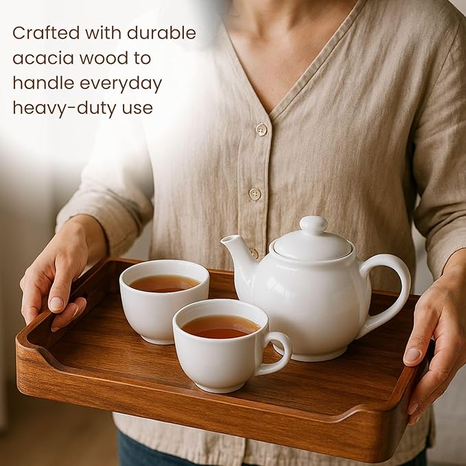 Acacia Wood Serving Tray with Handles, 18x13in Food Drinks Tray for Coffee Table, Breakfast, Dinner & Bar, Rustic Decorative Storage Tray for Ottoman, Kitchen, House Warming Gifts New Home