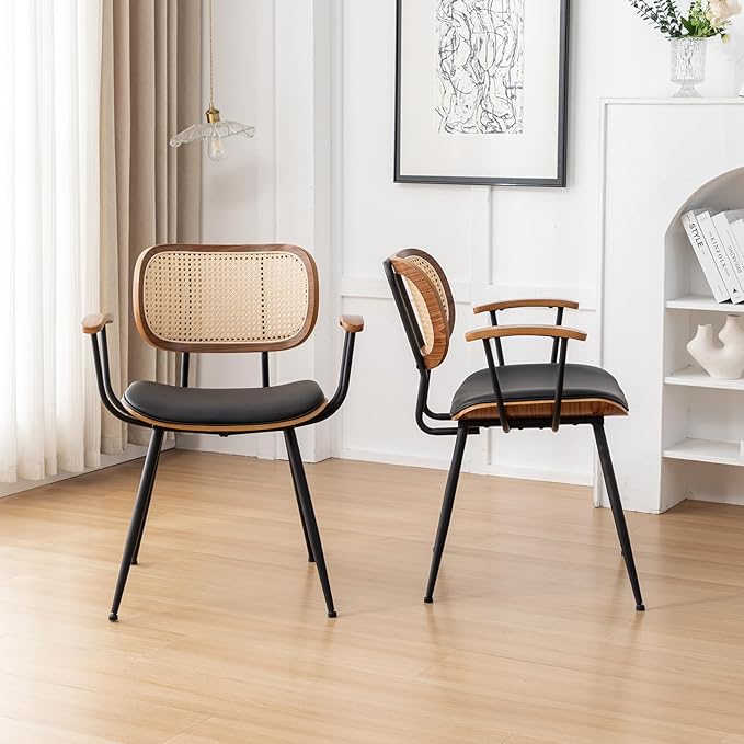 Rattan Dining Room Chairs Set of 4,Mid Century Modern Kitchen Side Chairs,Metal Legs Desk Chair,Faux Leather Accent Chair with Arms and Rattan Backrest Black PU