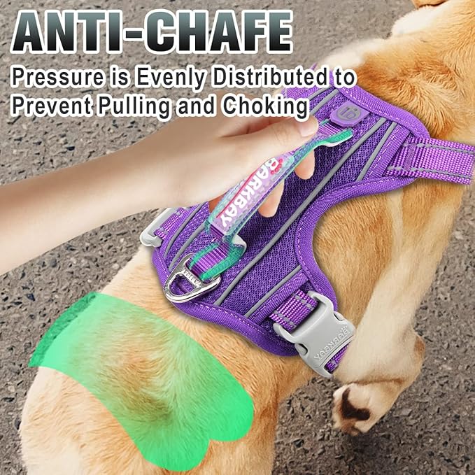 BARKBAY No Pull Dog Harness Large Reflective Dog Harness with Front Clip and Easy Control Handle for Walking Training Running with ID tag Pocket(Purple,S)