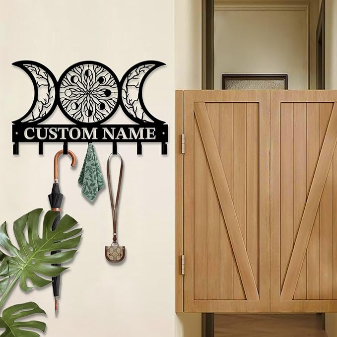 Life Tree Key Hook - Customized Metal Wall Organizer with Name Engraving, Black Iron Home Decor for Themed Collectors (Style E)