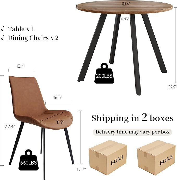 34.6'' Dining Table and Chairs for 2, Mid Century Modern Round Table Set, Space Saving for Apartment Kitchen Dining Room (Walnut Table+2 Brown Chairs)