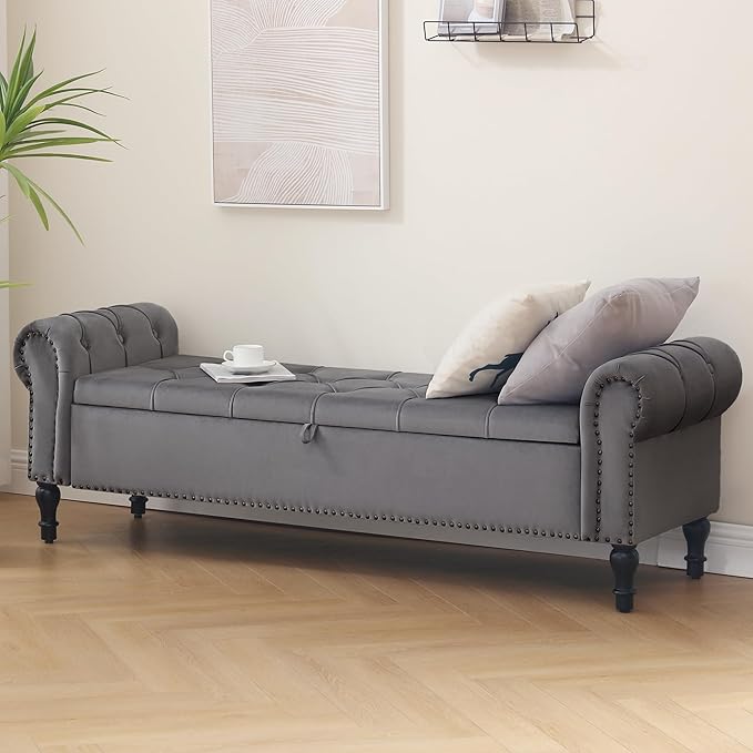 Velvet Storage Bench 67 Inch Upholstered Tufted Ottoman Bench with Rolled Arms Large Storage Space King Size End of Bed Bench for Bedroom Living Room Entryway Dark Grey