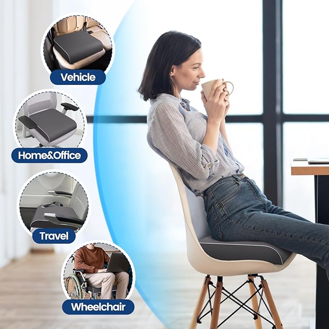Seat Cushion for Tailbone Pain Relief, Office Chair Cushion, Memory Foam Large Chair Cushion with Non-Slip Cover for Soft Support at Office Chair, Car Seat, Airplane Grey/Large