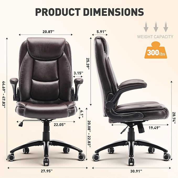 Ergonomic PU Leather Office Chair with Flip-Up Armrests, Reclining Backrest, Adjustable Height & Tilt Tension, Thick Padded Seat, Breathable Leather, 300LBS Capacity Executive Desk Chair,Brown