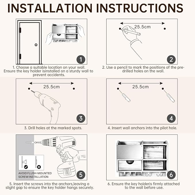Key Holder Wall Mount, 14.5x11.2x3.5'' Larger 3-Tier Shelf 8 Hooks Drawer Storage,Wooden Key and Mail Holder for Wall,Farmhouse,Home,Living Room,House,Office Decor,Hats,Bag,Dog Leash Hanger Organizer