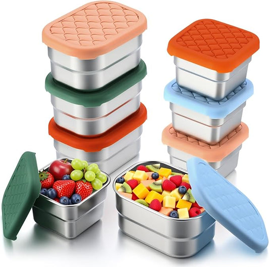 8 Pcs Stainless Steel Snack Containers 8oz & 4oz Easy Open Leak Proof Food Containers with Silicone Lids Reusable 304 Metal Food Box for School Home Picnic (Macaron)