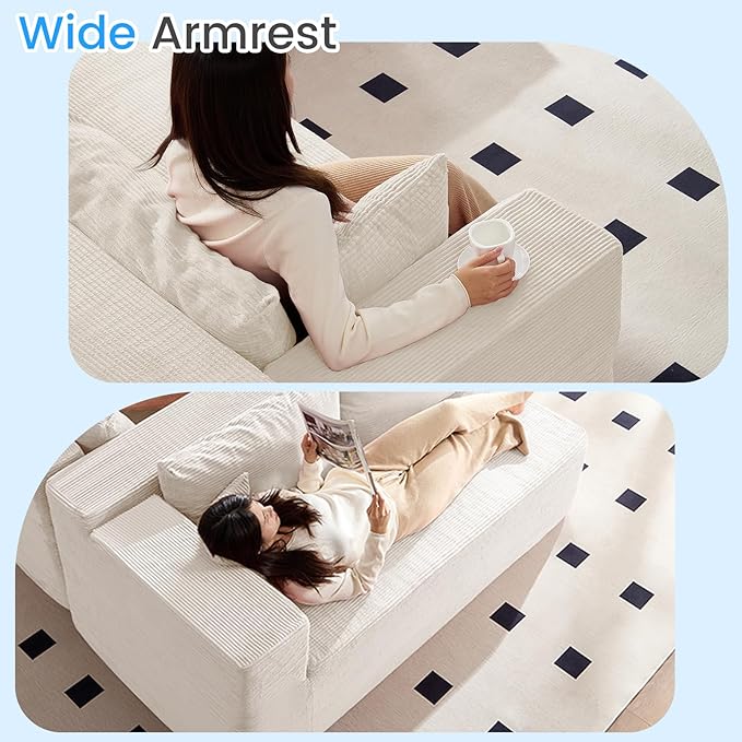 PUREMIND 106" White Cloud Sectional Couch Sectional Couches for Living Room, Corduroy L Shape Sofa with Deep Seat, Modular Boneless Foam Couch Corner Couches No Assembly Required