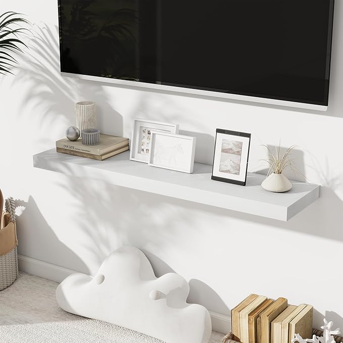 Fun Memories 40" Floating Shelves for Wall, 8 Inch Deep Floating Shelf for Books, Deep Bathroom Shelves Wall Mounted, Rustic Display Shelf for Kitchen, Bedroom, Living Room, White Color, 2 Pack