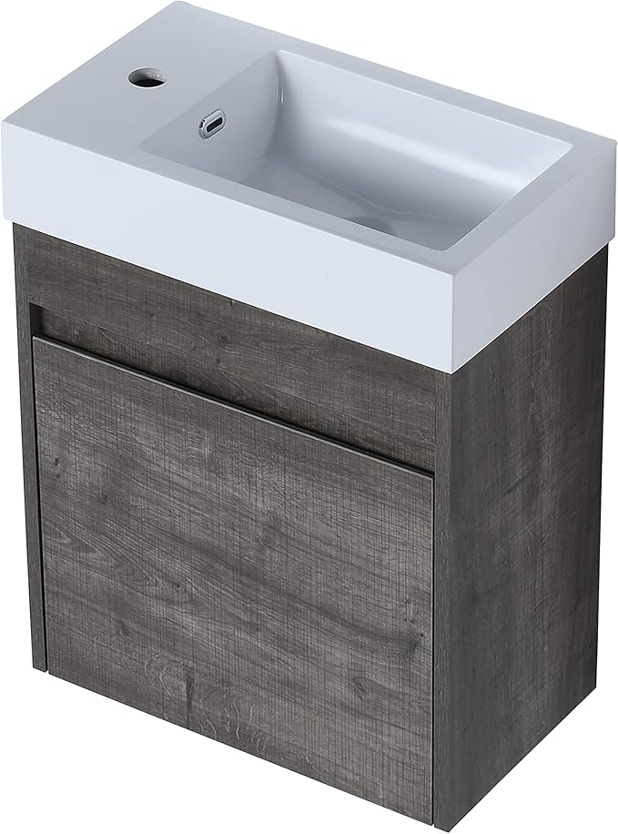 Goujxcy 18" Wall Mounted Bathroom Vanity with Sink, Modern Floating Bathroom Cabinet with White Resin Wash Basin & Storage Cabinet, Soft-Close Door Wood Hanging Bath Room Cabinet
