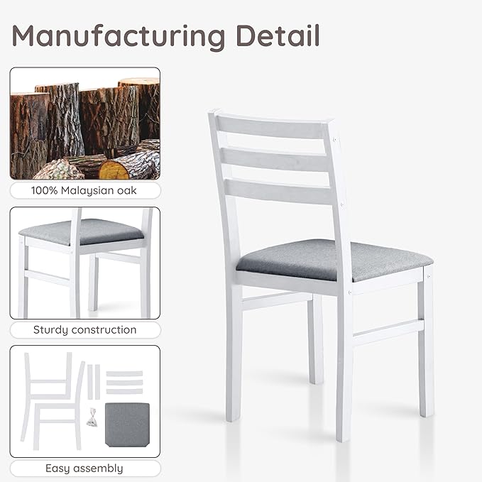 Livinia Seattle Modern Farmhouse Kitchen Dining Room Chair Set of 2, Solid Wood Fabric Upholstered Cushion Seat Wood Ladder Back Chairs (White)