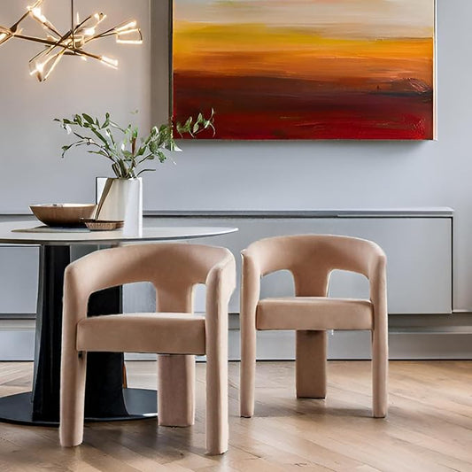 Modern Barrel Dining Chairs Set of 2 Upholstered Velvet Accent Side Chair with Arms Comfy Makeup Vanity Chairs, Dining Living Room Kitchen Chairs Armchairs, Khaki