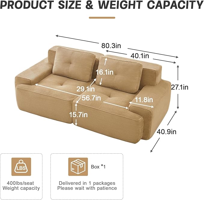 80" Modern Compressed Boneless Love Seat Couches, 2 Seater Large Sectional Couches for Living Room, Camel Corduroy Cloud Modular Sectional Sofa, Memory Foam, Extra Deep Loveseat, No Assembly
