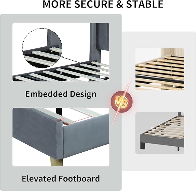 Twin Size Upholstered Platform Bed Frame with Modern Wingback & Vertical Panel Headboard, Velvet Fabric, Wooden Legs & Slats Support, No Box Spring Needed, Noise-Free & Easy Assembly, Grey