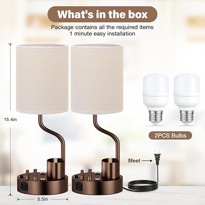 Bedside Table Lamps for Bedroom Set of 2 - Beige Nightstand Lamp with AC Outlet Charging Port and USB A C, 3 Color Temperatures, Included Phone & Pen Holder, Brown Night Stand Lamps for Guest Room
